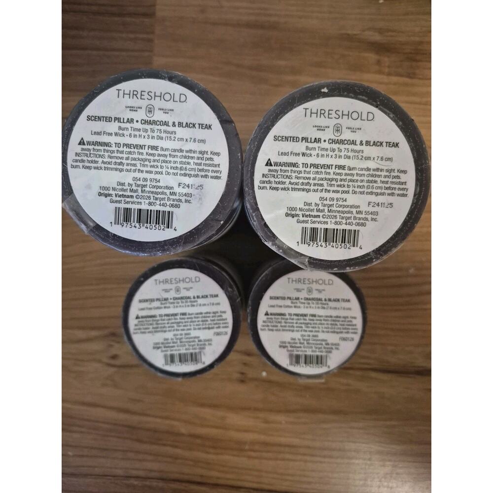 Pillar Candle Set Of 4 Charcoal & Teak Wood Scented Candle 2 Big/2 Small S15 - Picture 5 of 6